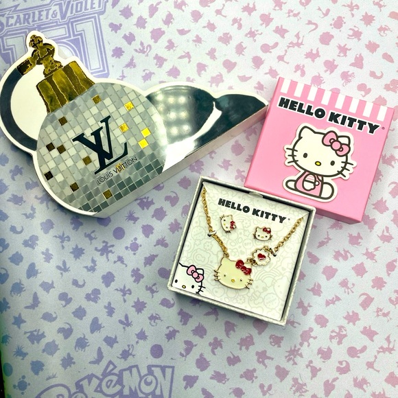Hello Kitty pave gold plated necklace and earrings with pink enamel bow🎀 - Picture 2 of 3